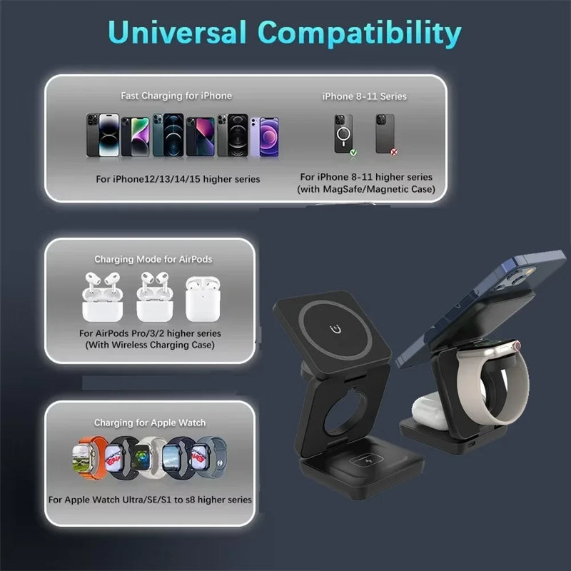 Magnetic 3 in 1 Wireless Charger Station for Apple iPhone Fast Charging Stand for Apple Watch &amp; Airpods