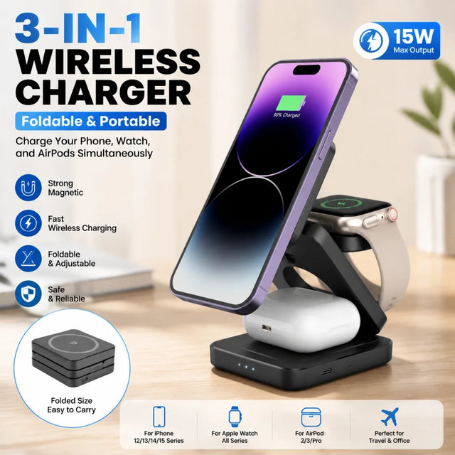 Magnetic 3 in 1 Wireless Charger Station for Apple iPhone Fast Charging Stand for Apple Watch &amp; Airpods